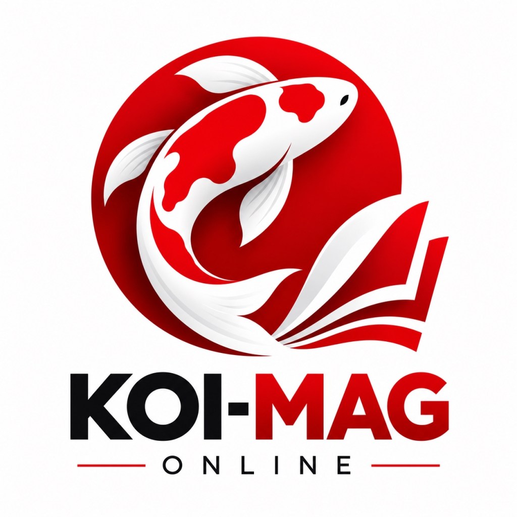 โลโก้ KOI-MAG Online รูปปลาคาร์ฟขาวแดงคู่กับหน้าหนังสือ