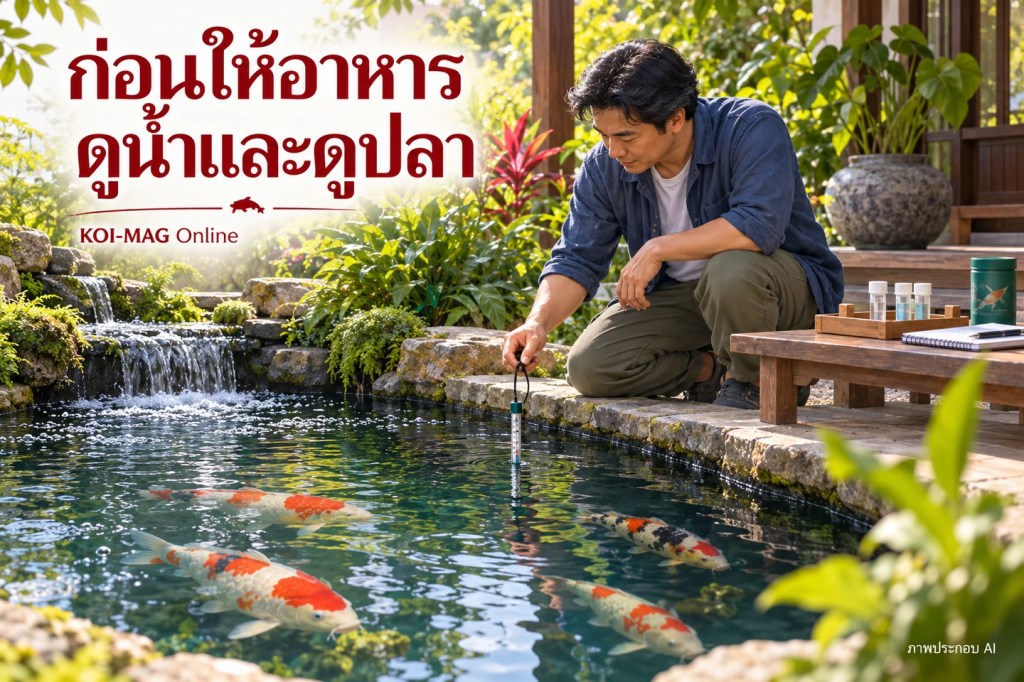 ภาพประกอบ AI ผู้เลี้ยงตรวจอุณหภูมิน้ำและเตรียมชุดทดสอบน้ำก่อนให้อาหารปลาคาร์ฟ