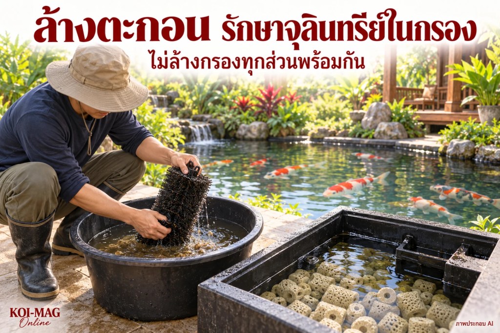 ภาพประกอบ AI ผู้เลี้ยงล้างแปรงดักตะกอนในภาชนะแยก โดยไม่รบกวนวัสดุกรองชีวภาพอีกส่วน