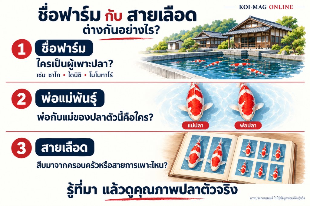 ภาพสรุปความแตกต่างระหว่างชื่อฟาร์ม พ่อแม่พันธุ์ และสายเลือดโคฮาคุ