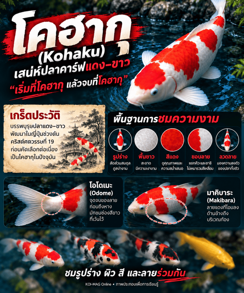 ภาพประกอบโคฮาคุ แสดงปลาพื้นขาวลายแดงและจุดสังเกตรูปร่าง ผิว สี และขอบลาย