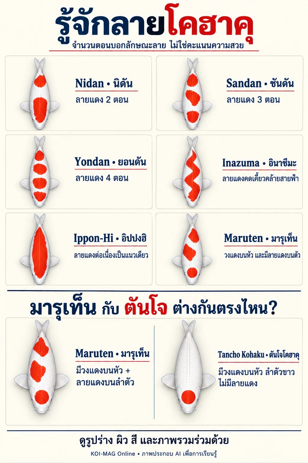 ภาพเปรียบเทียบลายโคฮาคุสองตอน สามตอน สี่ตอน สายฟ้า ลายต่อเนื่อง และความต่างระหว่างมารุเท็นกับตันโจ โดยปลาหัวลงหางขึ้น