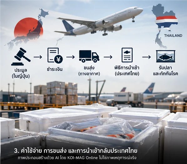ภาพประกอบขั้นตอนขนส่งและนำเข้าปลาคาร์ฟ สร้างด้วย AI