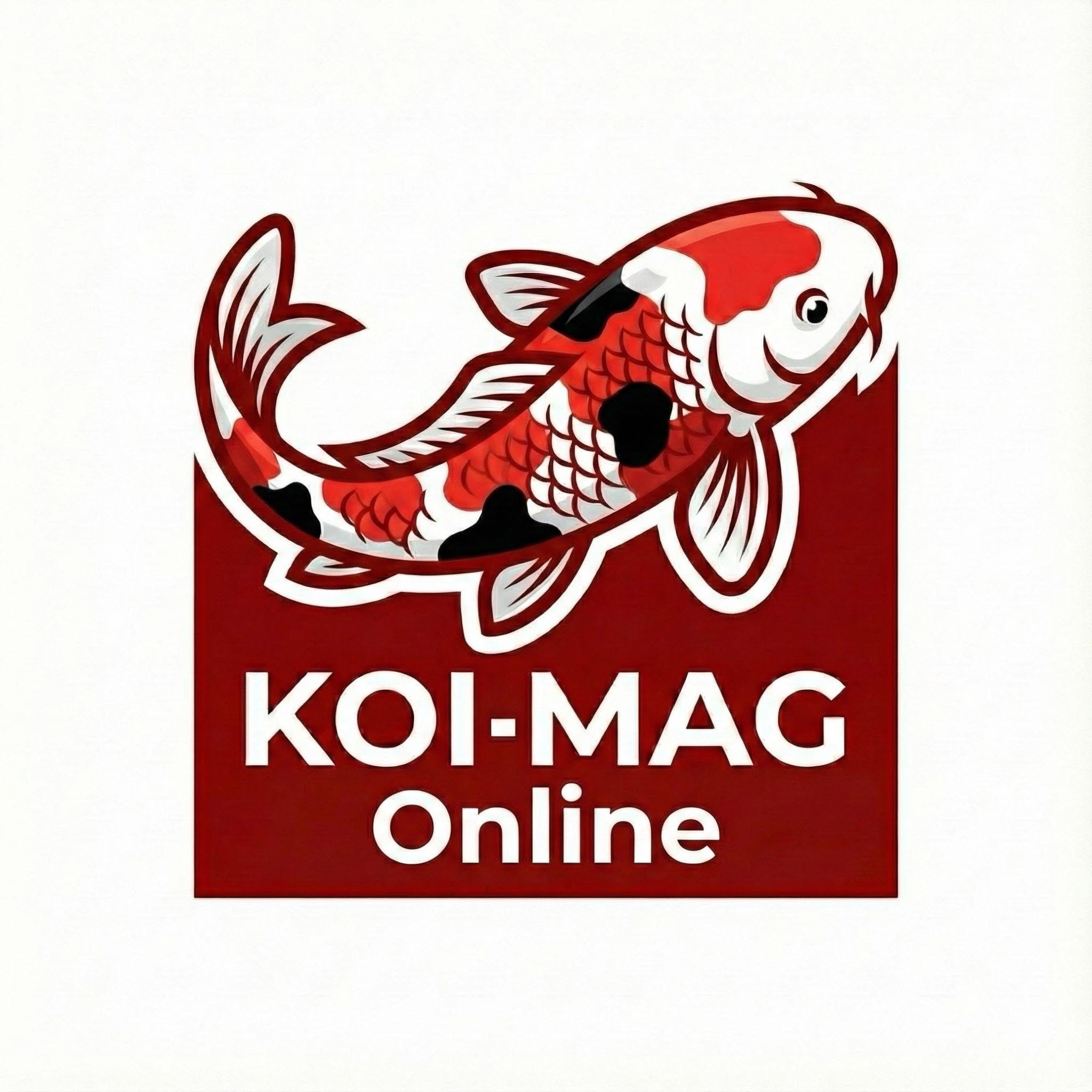 โลโก้ KOI-MAG Online รูปปลาคาร์ฟสีแดง ขาว และดำ