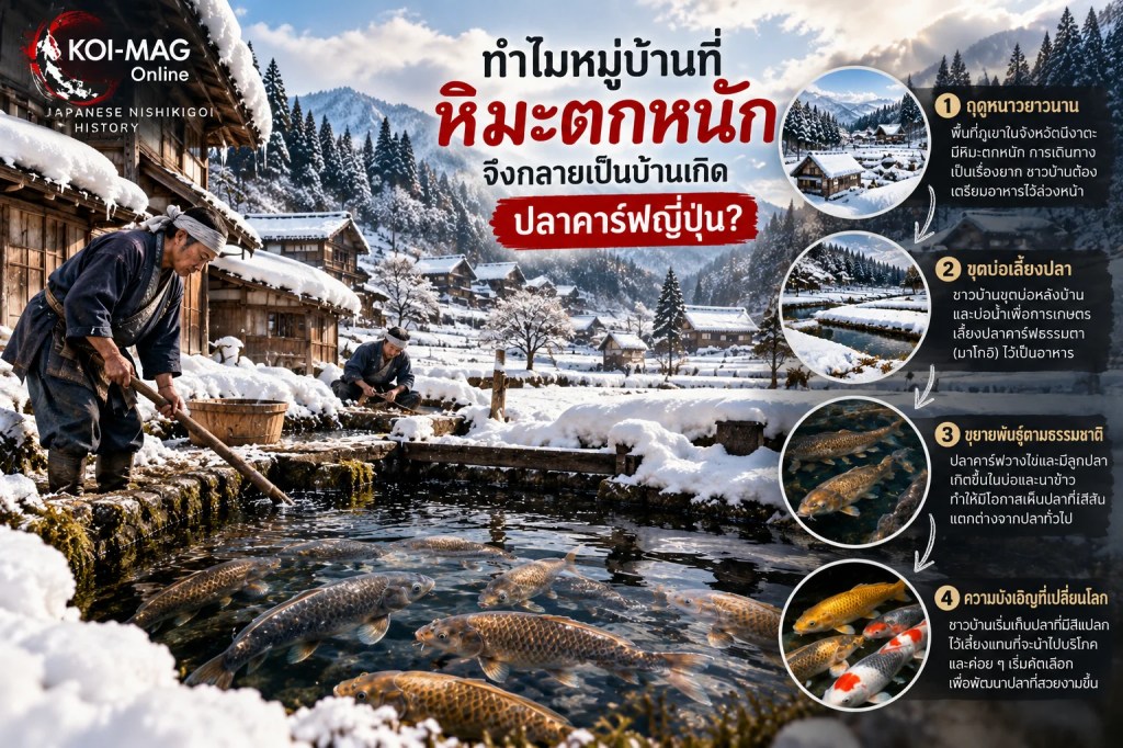 ภาพจำลองวิถีชีวิตชาวบ้านในหมู่บ้านหิมะนีงาตะและบ่อเลี้ยงปลาคาร์ฟแบบดั้งเดิม
