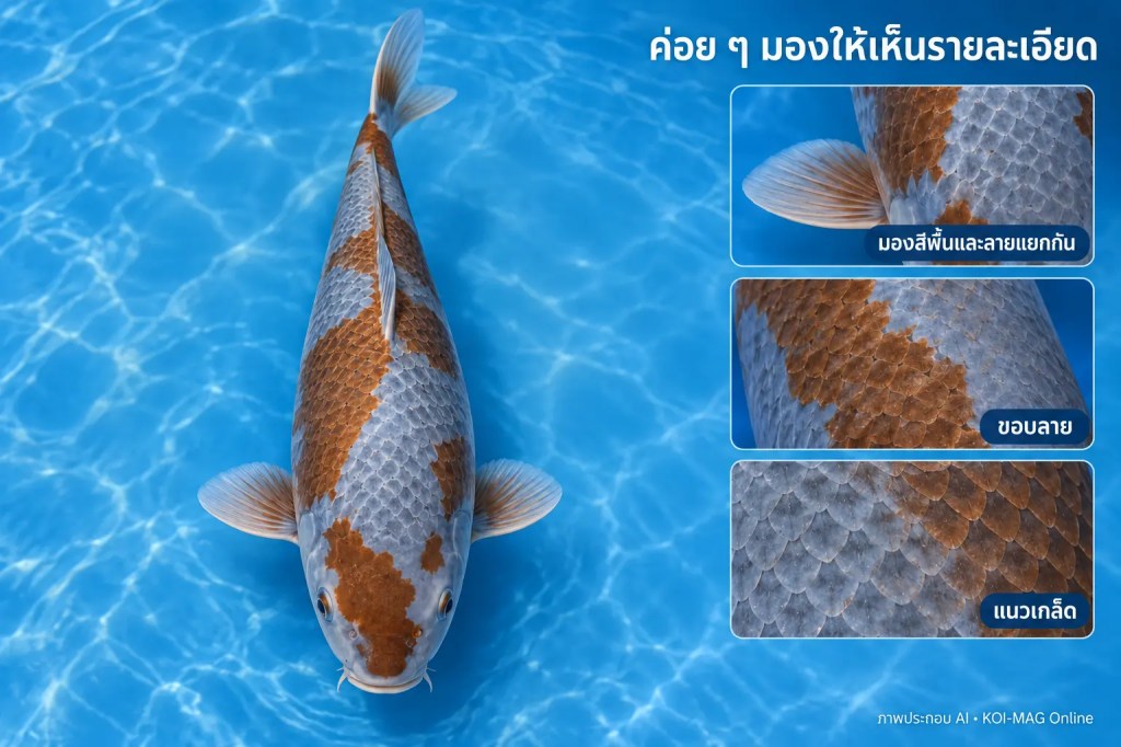 ภาพประกอบ AI โอชิบะ พร้อมภาพขยายการมองสีพื้นและลายแยกกัน ขอบลาย และแนวเกล็ด