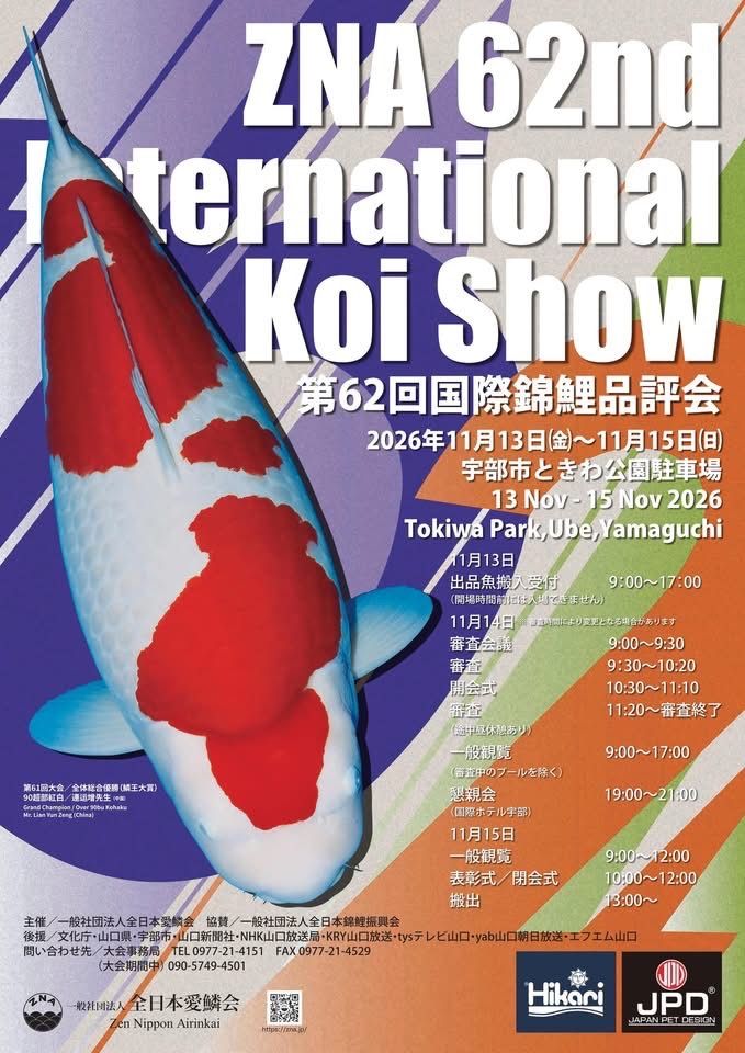 โปสเตอร์ ZNA 62nd International Koi Show วันที่ 13–15 พฤศจิกายน 2026 ณ Tokiwa Park เมืองอุเบะ จังหวัดยามากุจิ ประเทศญี่ปุ่น